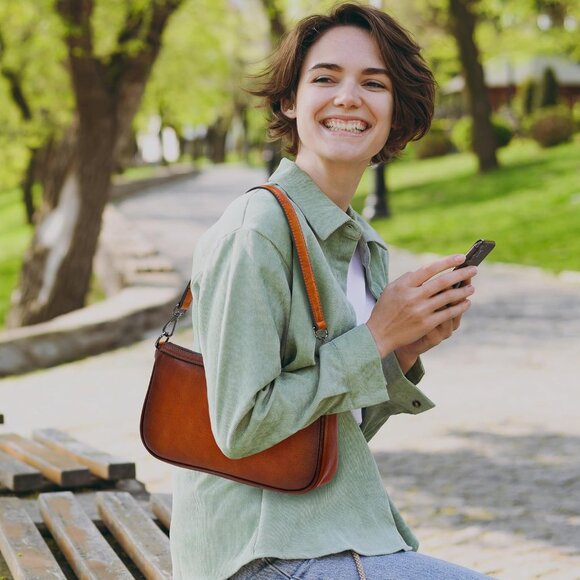 Designer Small Leather Crossbody Purse with Suede Lining and Zipper Closure - Picture 2 of 7